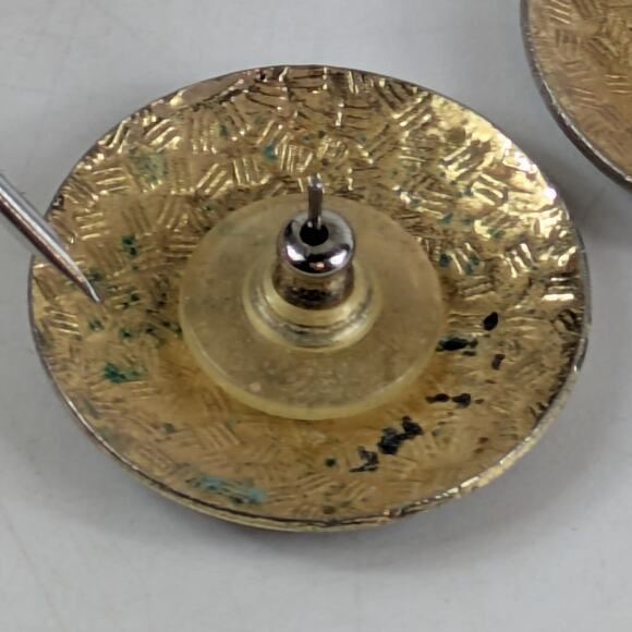 Vtg Enamel Floral Round Post Earrings Black Red Gold Art Nouveau Style Cloisonné - Picture 6 of 6